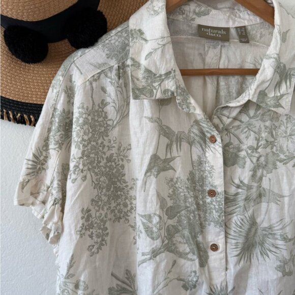 🌿 Naturals D&Co Linen Blend Botanical Print Button Down Top Ruffle Sleeve 1X 🌿 - Picture 5 of 10
